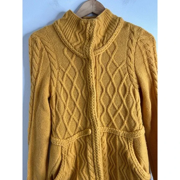Sparrow Anthropologie Yellow Cable Knit Cardigan Sweater S Fisherman Lambswool - Picture 2 of 9